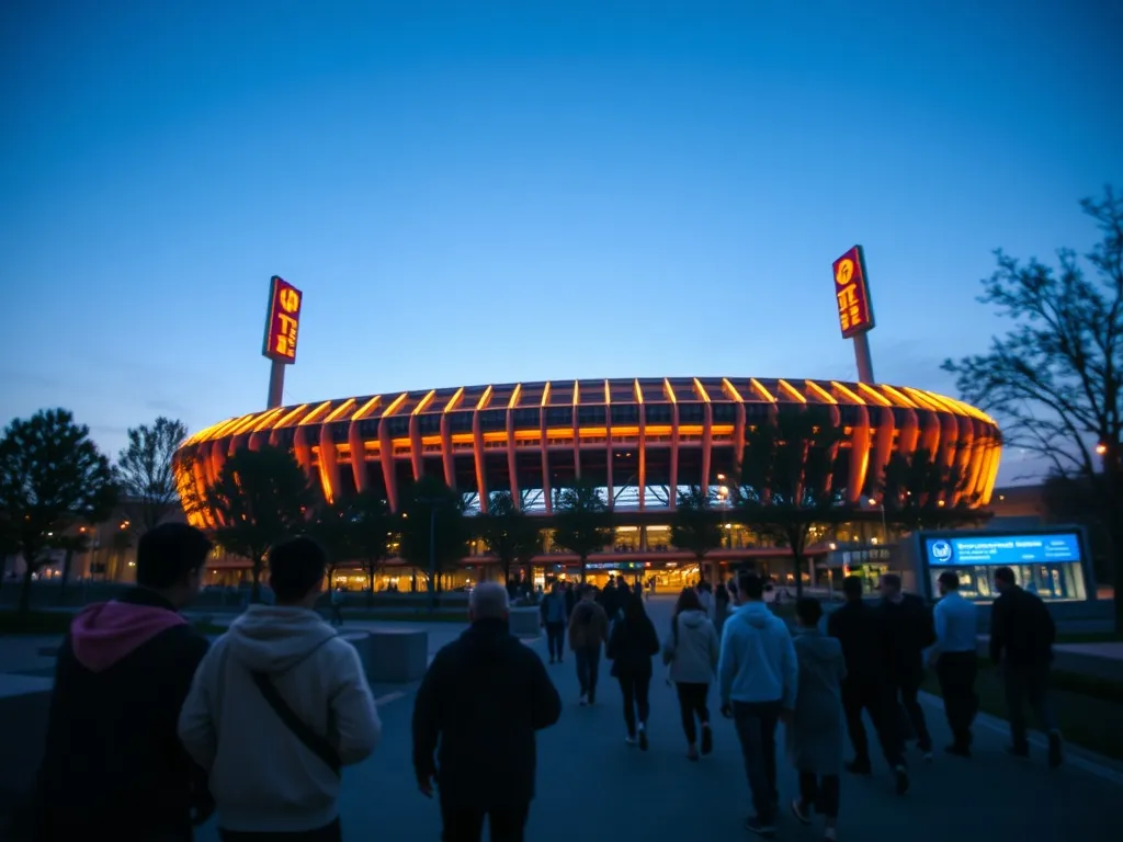 Wieczorny widok Stadionu Narodowego w Warszawie, do którego zmierzają ludzie na koncert w ciepłym świetle reflektorów.