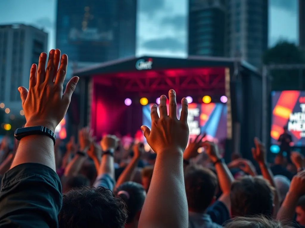 Tłum wiwatujący na koncercie plenerowym, uniesione ręce, kolorowe światła sceny i miejska, wieczorna atmosfera wydarzenia