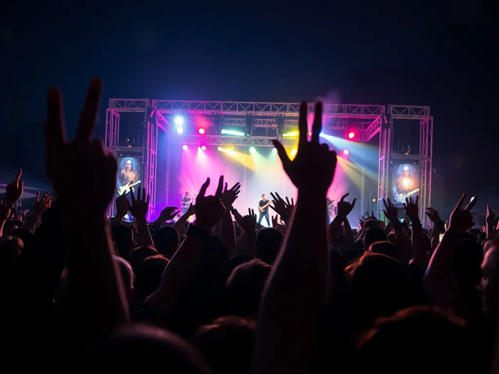 Tłum fanów na nocnym koncercie rock metal, uniesione dłonie i „rogi”, w tle jasna scena plenerowa z zespołem