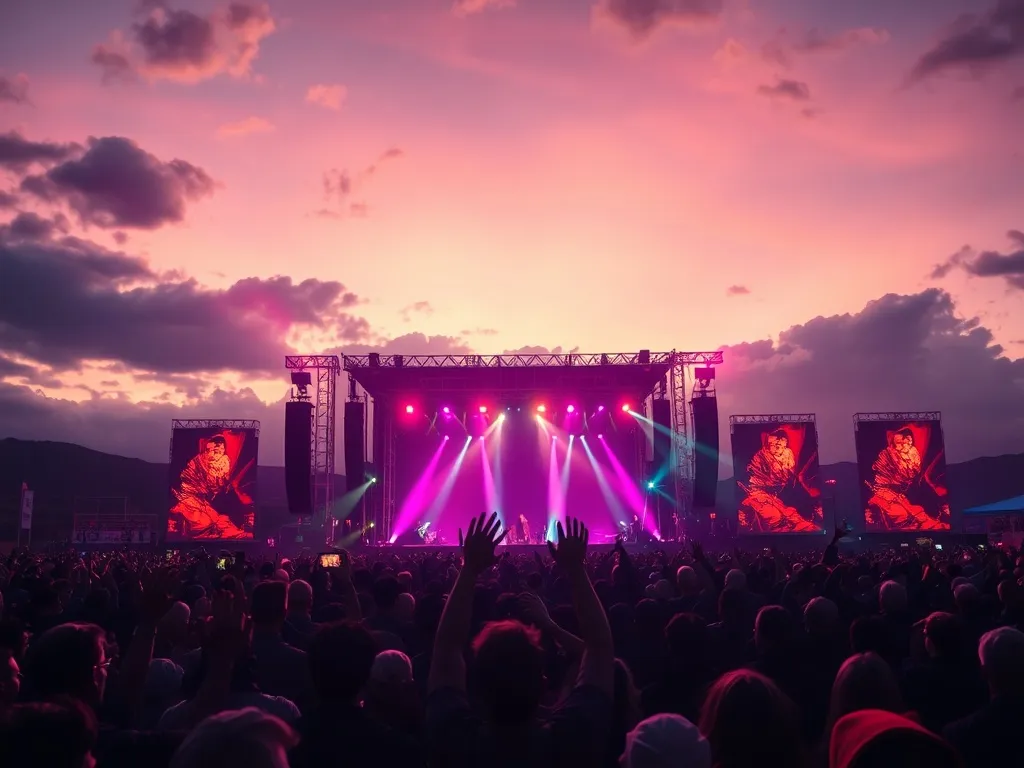 Tłum roztańczonych fanów pod sceną rockową o zmierzchu, kolorowe reflektory i energetyczna atmosfera koncertu plenerowego
