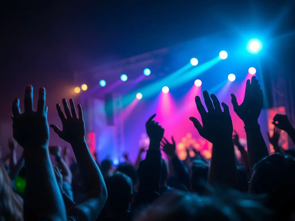 Tłum wiwatuje pod sceną rockową w Warszawie, w tle kolorowe reflektory i dynamiczna atmosfera nocnego koncertu