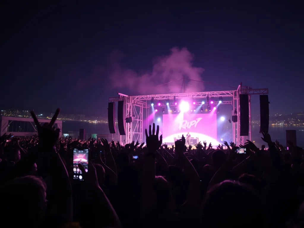 Tłum fanów na nocnym koncercie rapowym, uniesione ręce i telefony, kolorowe światła sceny tworzą energetyczną atmosferę.