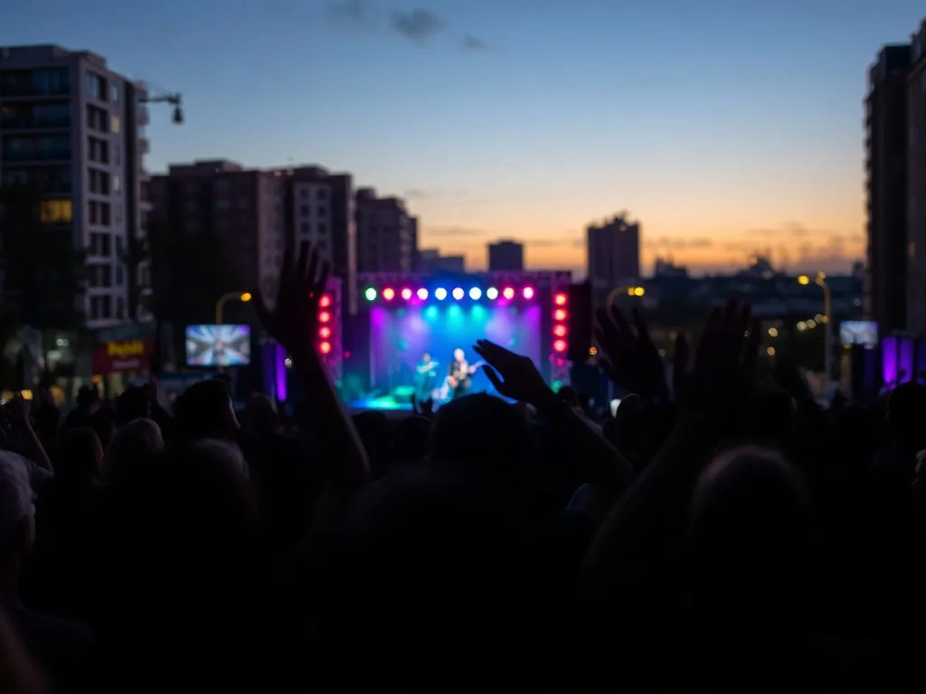 Tłum podczas plenerowego koncertu w Warszawie, kolorowe światła sceny i wiosenny wieczorny klimat miasta.