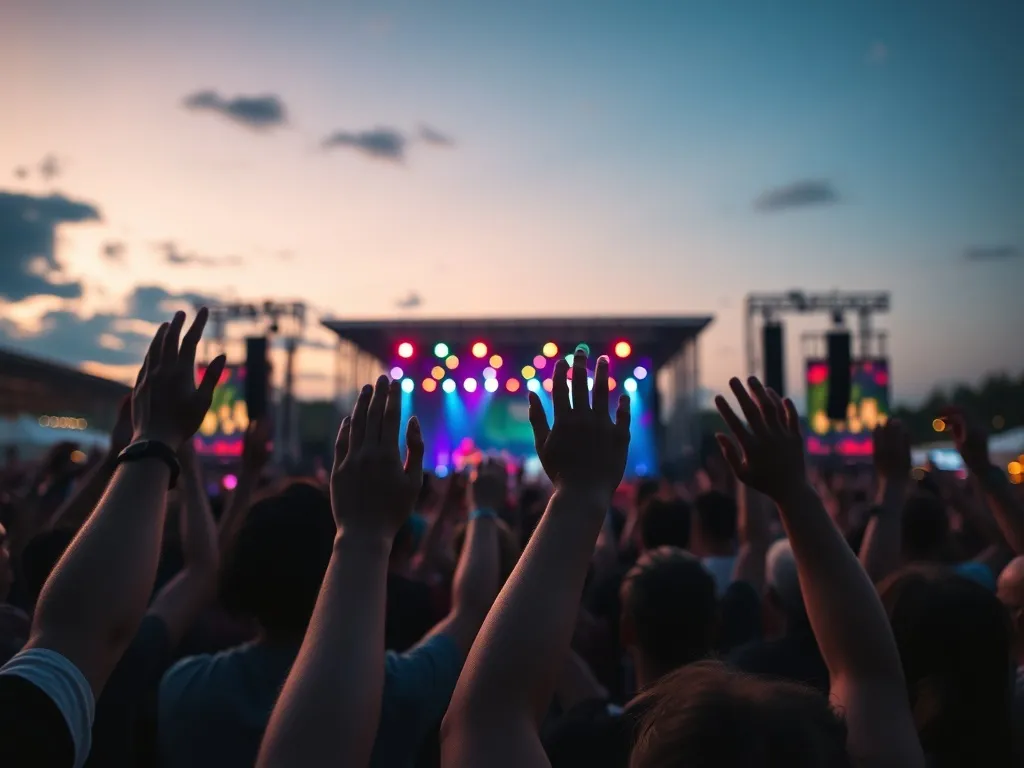 Roztańczony tłum z uniesionymi rękami na plenerowym koncercie rockowym, kolorowe światła sceny tworzą energetyczny klimat.