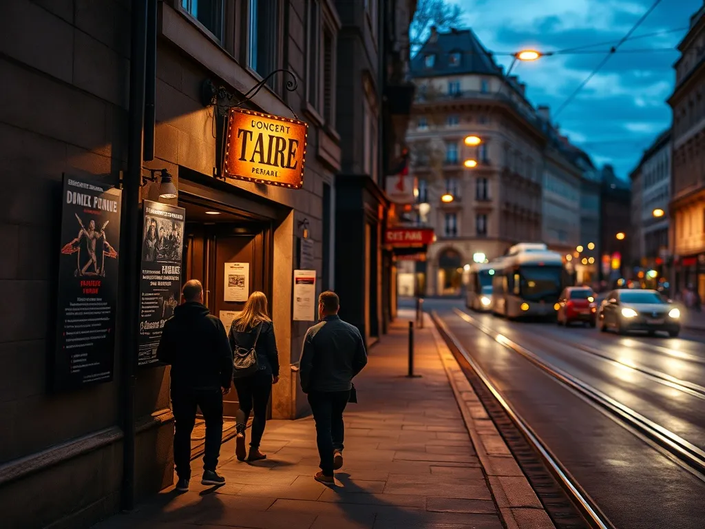 Wejście do małego klubu w Poznaniu wieczorem, ludzie w skórzanych kurtkach zmierzają na metalowy koncert w ciepłym świetle latarni