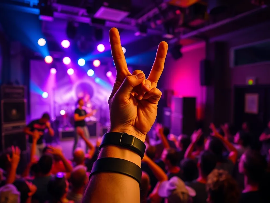 Uniesiona dłoń z gestem rogów na koncercie metalowym w klubie, w tle kolorowe światła i sylwetki zespołu