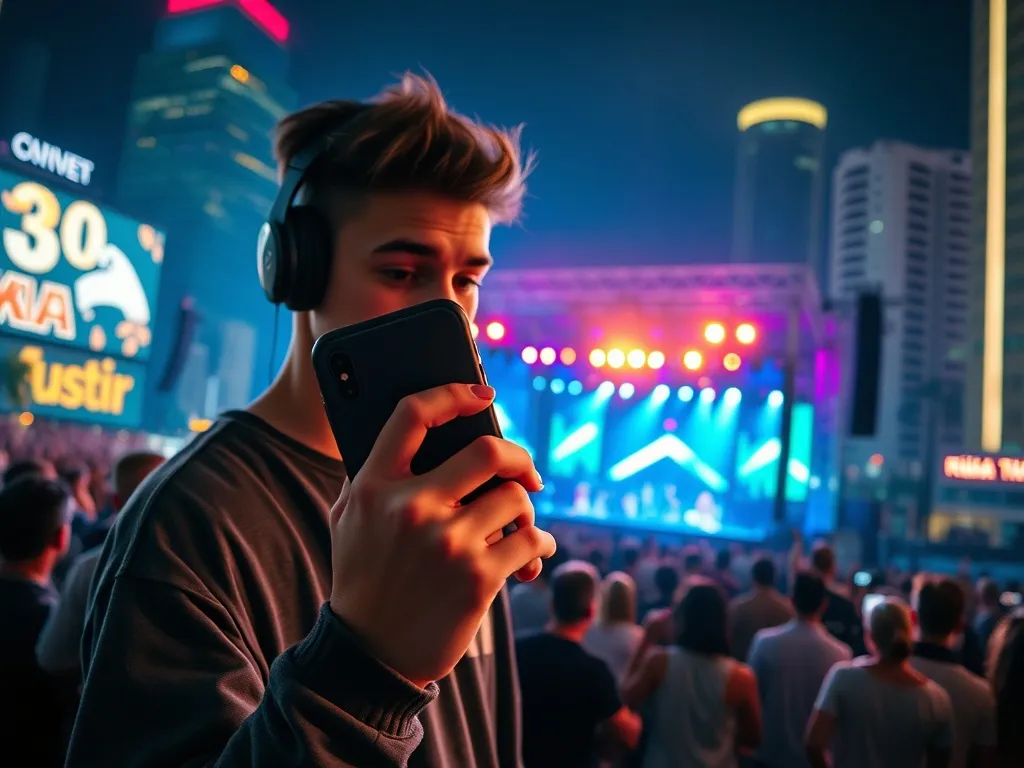 Osoba w słuchawkach sprawdza koncert rapowy w telefonie, w tle kolorowa scena i rozświetlone miasto nocą.