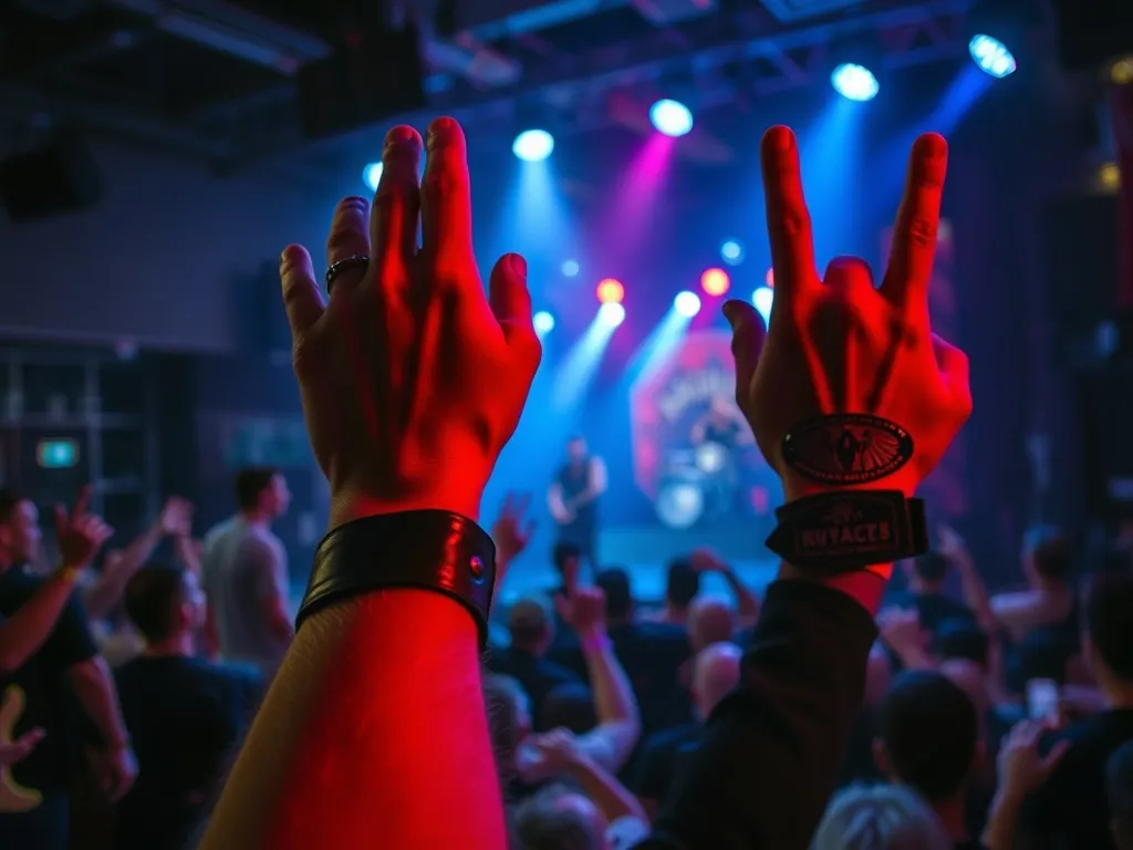 Ręka z opaską skórzaną uniesiona na metalowym koncercie w Warszawie, w tle scena, gitarzysta, perkusista i tłum fanów