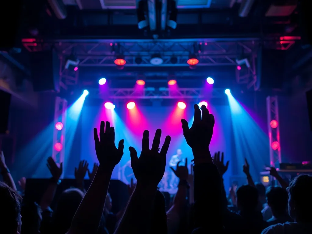 Tłum metalowych fanów pod małą klubową sceną w kolorowych światłach, oddający energię koncertu we Wrocławiu.