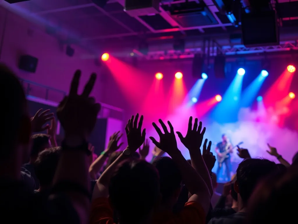 Tłum fanów z uniesionymi rękami na kameralnym rockowym koncercie w łódzkim klubie, kolorowe światła i dynamiczna scena