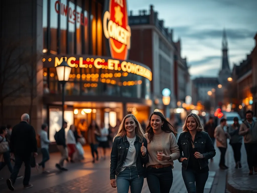 Grupa znajomych idzie wieczorem na koncert w Poznaniu, ciepłe światła i tłum przy wejściu tworzą weekendowy klimat.