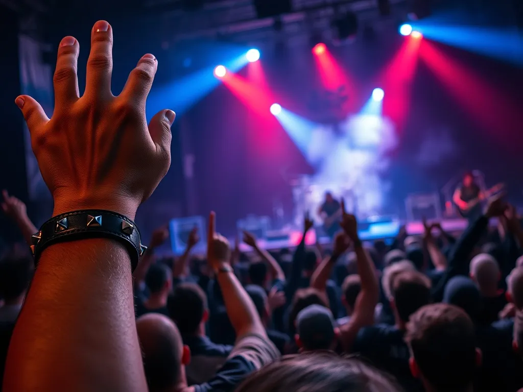 Ręka w skórzanej opasce uniesiona w geście rogów na metalowym koncercie w Krakowie, scena w czerwono-niebieskim świetle