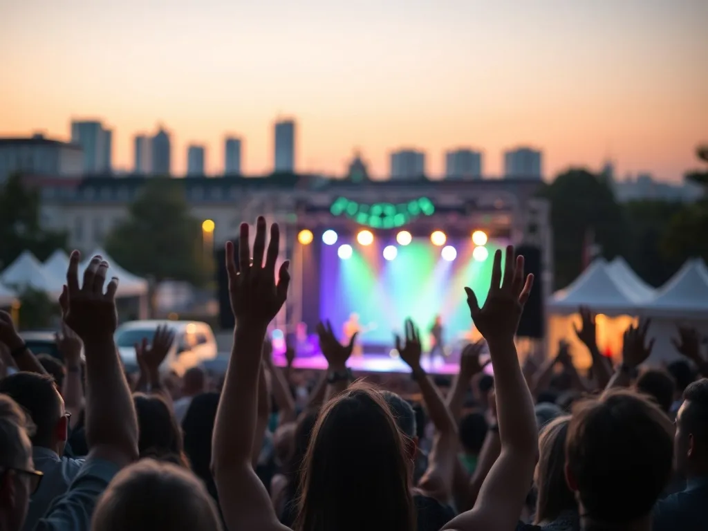 Tłum młodych ludzi bawiących się na plenerowym koncercie w Warszawie o zmierzchu, kolorowe światła sceny, letnia atmosfera