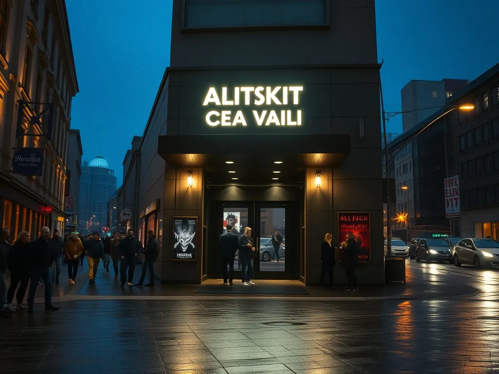 Nocna ulica w Katowicach, wejście do nowoczesnego klubu koncertowego, ludzie kierują się na metalowy koncert.