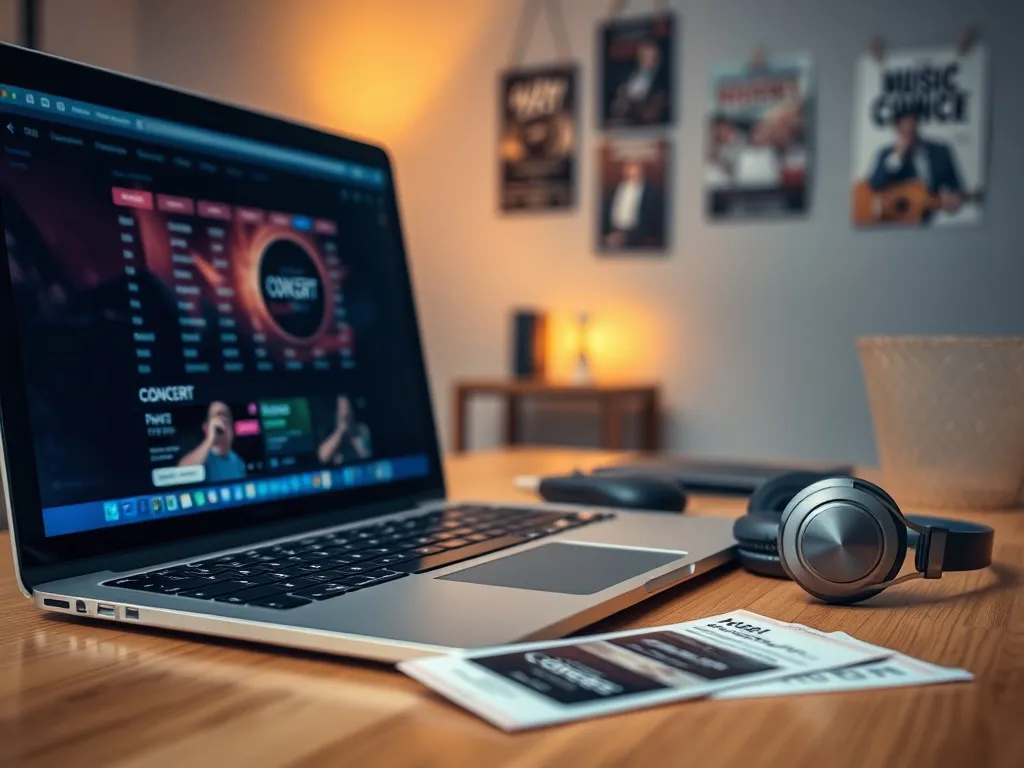 Osoba przegląda na laptopie terminy koncertów, obok telefon z aplikacją muzyczną, słuchawki i bilet na koncert.