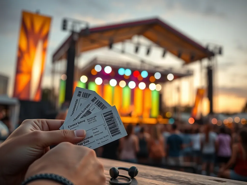 Dłoń trzymająca bilety na koncert i słuchawki na stole, w tle kolorowa scena plenerowa i bawiący się tłum.