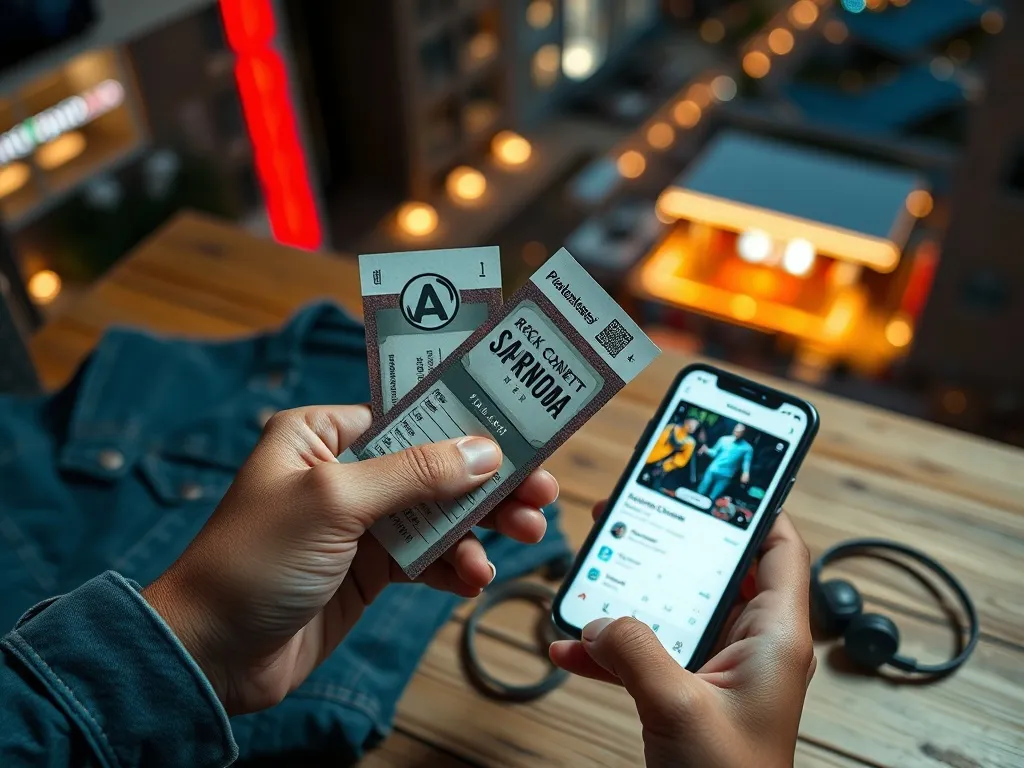 Dłoń trzyma bilety na koncert rockowy i smartfon z aplikacją wydarzeń, obok słuchawki i dżinsowa kurtka, klimat nocnego miasta
