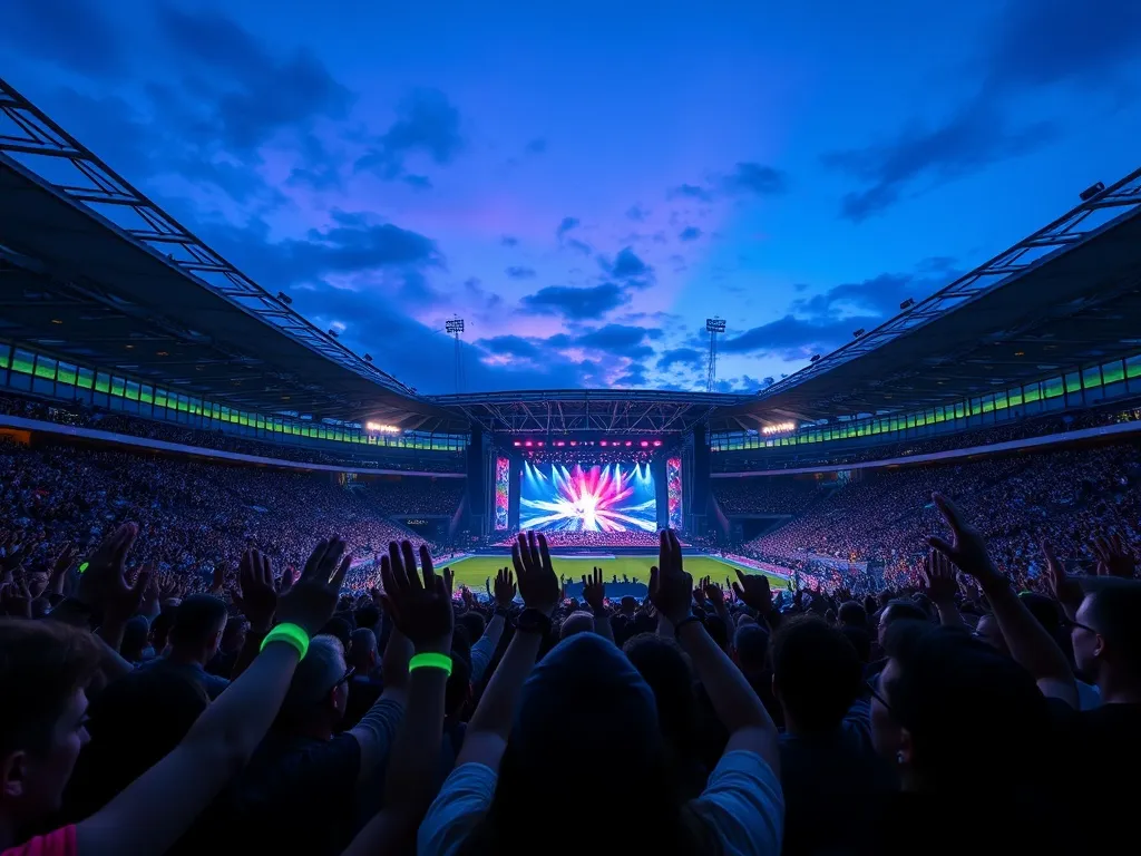 Tłum wiwatujących fanów na wrocławskim stadionie podczas wieczornego koncertu, kolorowe światła sceny tworzą energetyczny klimat.