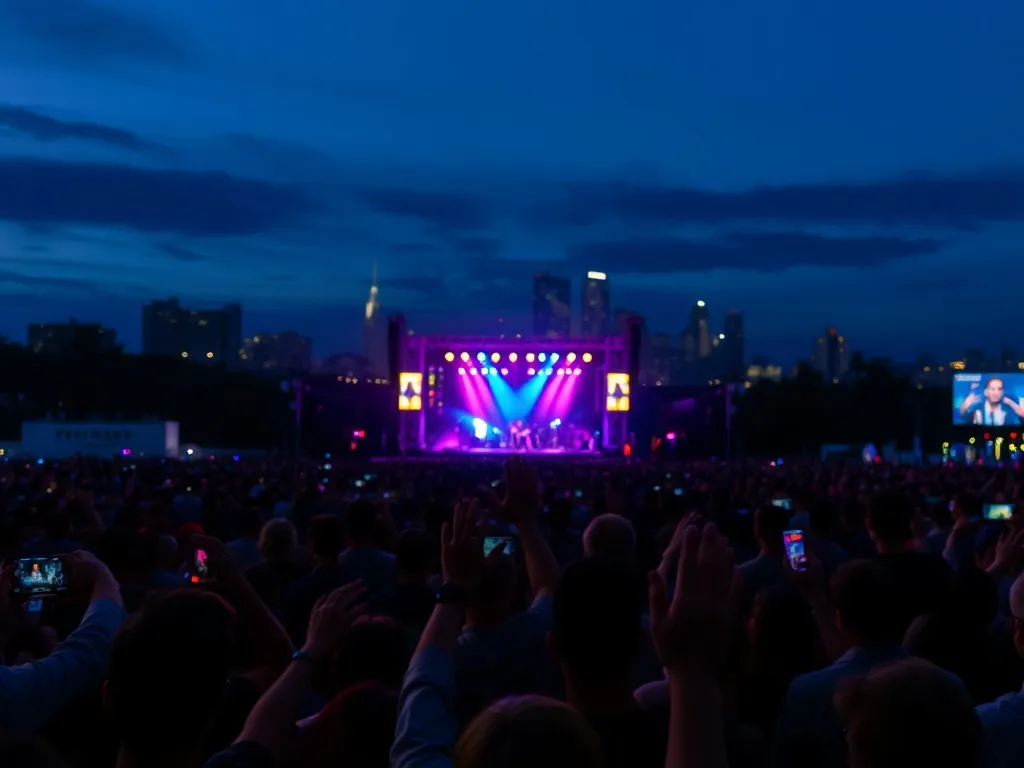 Tłum przed sceną na nocnym koncercie plenerowym we Wrocławiu, kolorowe światła tworzą energetyczny klimat wydarzenia.