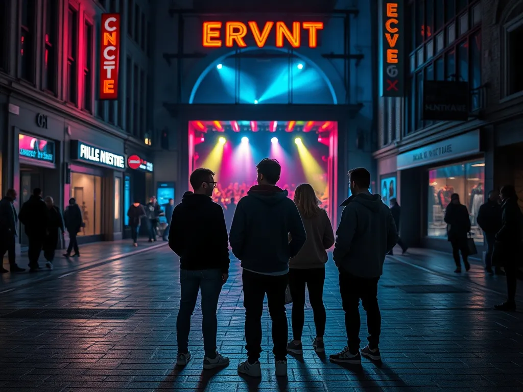 Grupa młodych ludzi przed wejściem na nocny koncert hip hop we Wrocławiu, neonowe światła odbijają się na mokrej ulicy.
