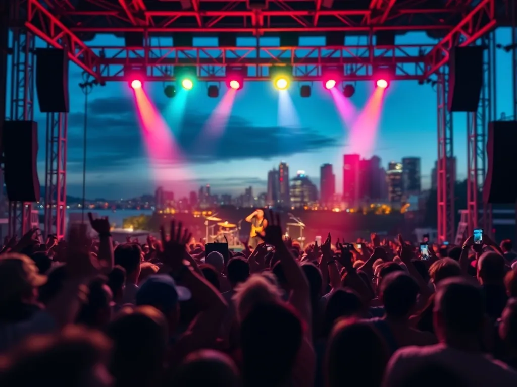 Energetyczny koncert plenerowy we Wrocławiu, kolorowe światła, tłum z uniesionymi rękami w wieczornej miejskiej scenerii.