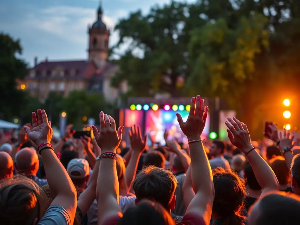 Tłum fanów z uniesionymi rękami na wieczornym koncercie plenerowym w Poznaniu, kolorowe światła sceny w tle