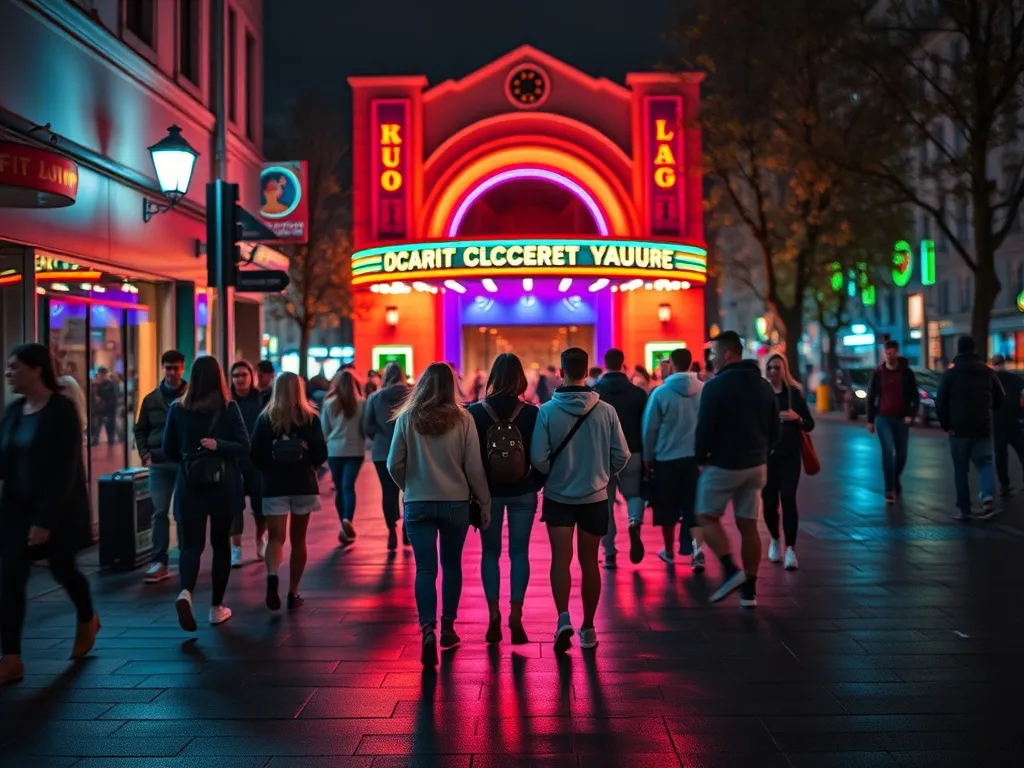Grupa młodych ludzi w streetwearze zmierza nocą do jasno oświetlonego klubu na koncert hip hop w Poznaniu
