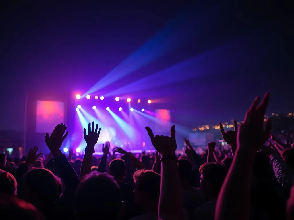Tłum bawiący się na nocnym koncercie plenerowym w Trójmieście, kolorowe światła sceny tworzą energetyczny klimat wydarzenia