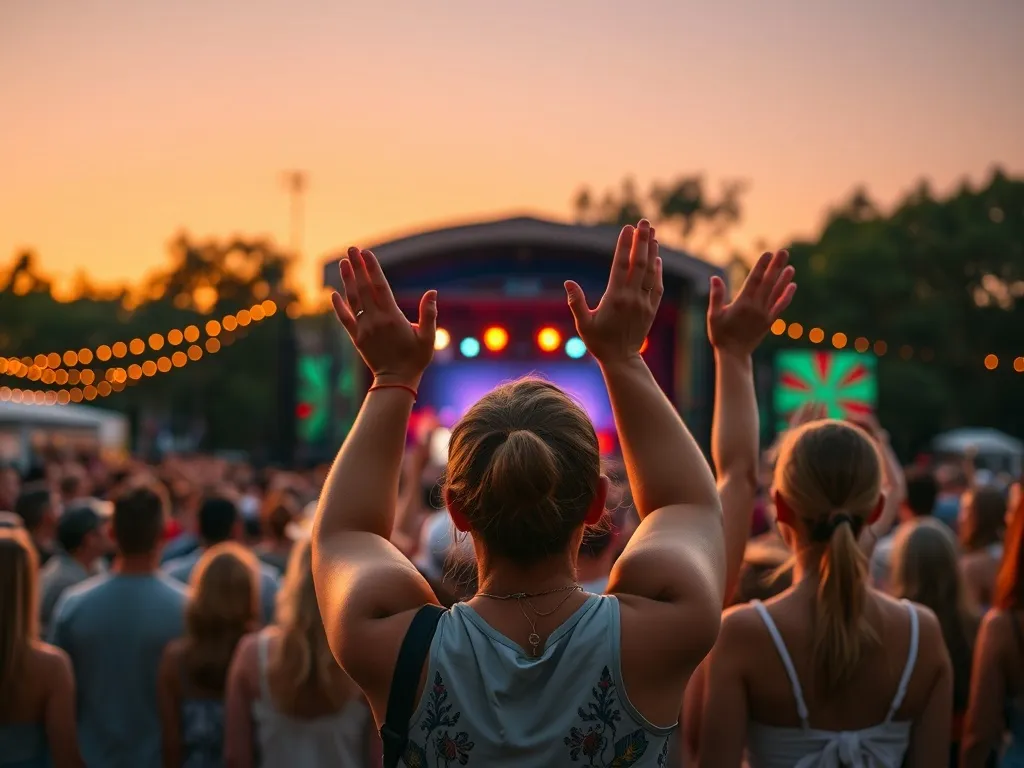 Grupa znajomych z uniesionymi rękami bawi się na letnim festiwalu muzycznym o zachodzie słońca przed jasną sceną