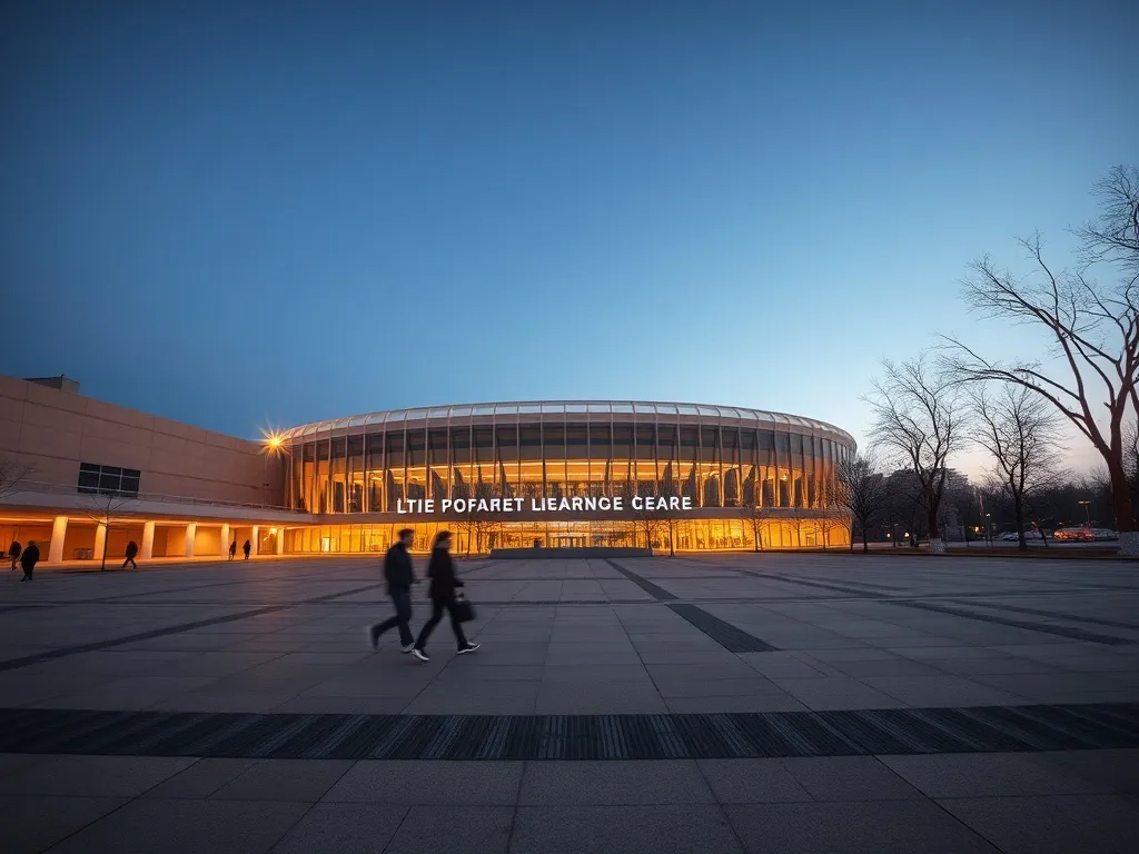 TAURON Arena Kraków o zmierzchu z oświetloną fasadą i pustym placem, zapraszająca atmosfera przed wydarzeniami