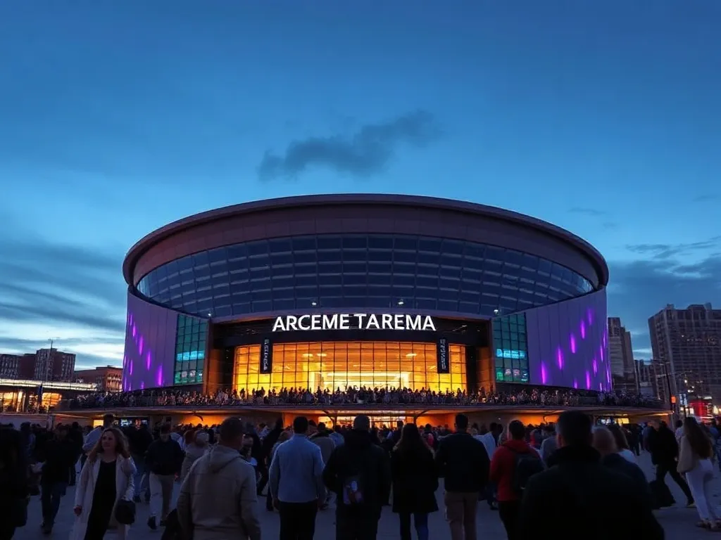 TAURON Arena Kraków wieczorem, kolorowe oświetlenie fasady, tłum ludzi z biletami zmierza na koncert lub wydarzenie
