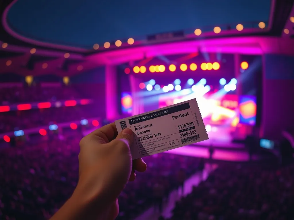 Uniesiona ręka z biletem na koncert The Weeknd na tle kolorowo oświetlonej sceny stadionu, wieczorna atmosfera.