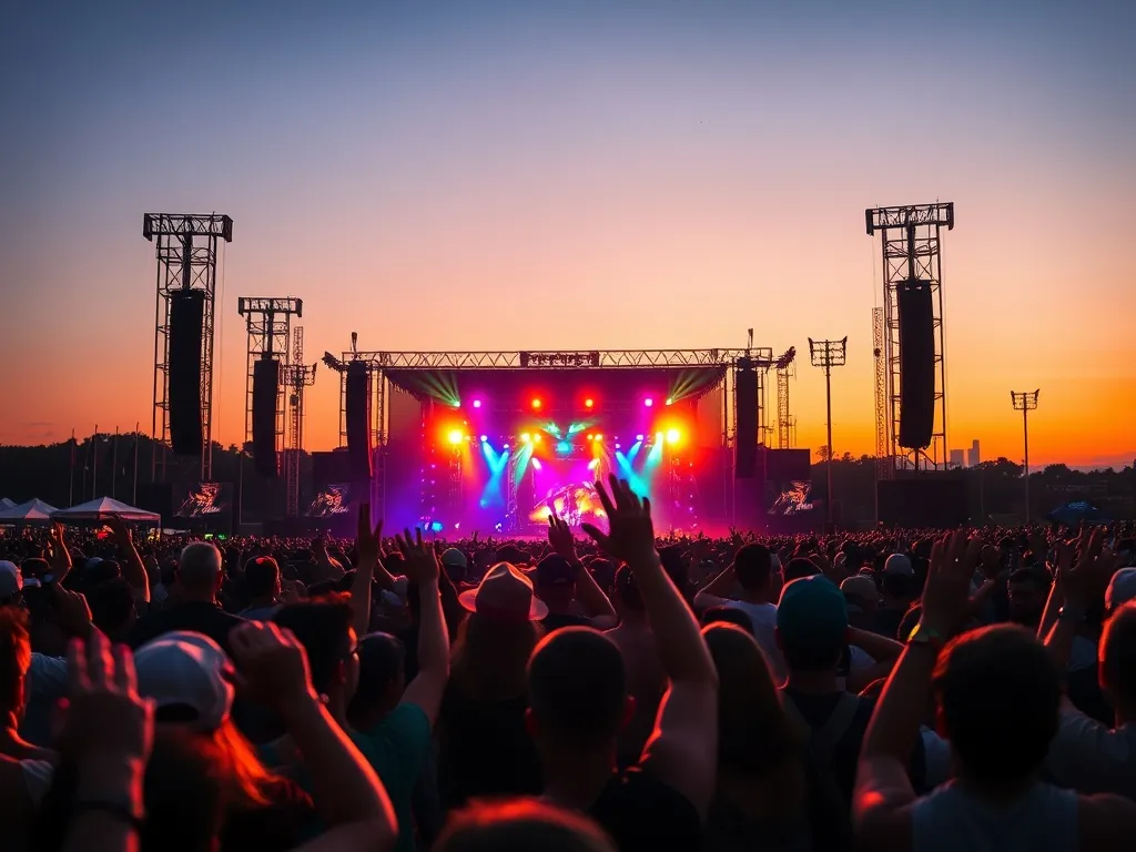 Tłum fanów z uniesionymi rękami na plenerowym festiwalu muzycznym o zachodzie słońca, kolorowe światła sceny w tle.