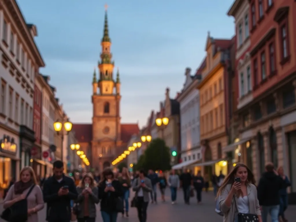 Ulica w Krakowie o zmierzchu, ludzie spacerują i sprawdzają w telefonach jutrzejsze koncerty, w tle wieża zabytkowego kościoła.
