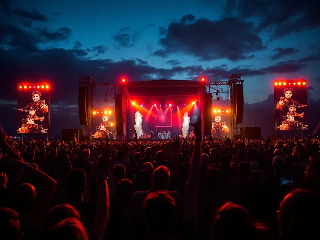 Tłum fanów na koncercie rockowym pod sceną Metallica, uniesione ręce, światła i dym budują energetyczną atmosferę.