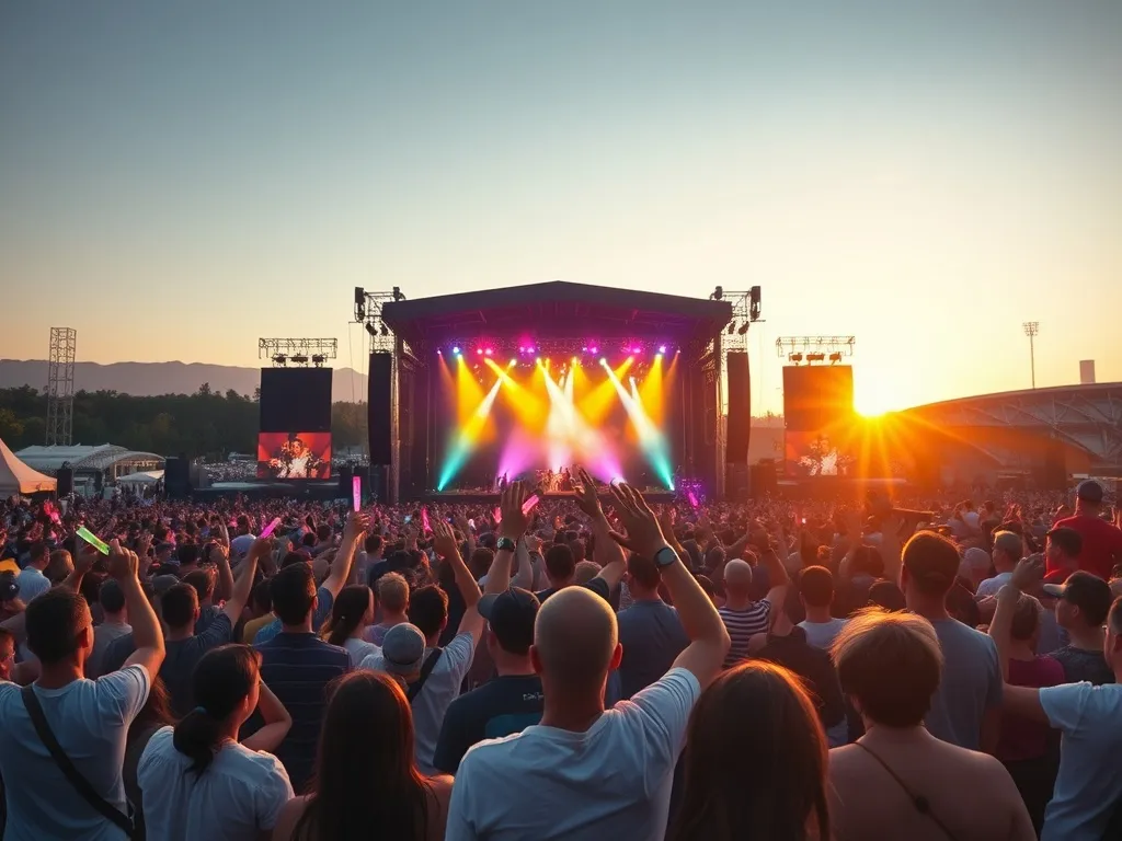 Tłum fanów na plenerowym festiwalu muzycznym przy zachodzie słońca, scena z kolorowymi światłami w tle