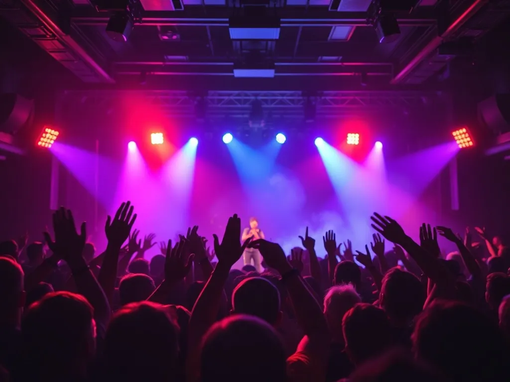 Energetyczny koncert rockowy w łódzkim klubie, tłum z uniesionymi rękami w kolorowych światłach sceny.