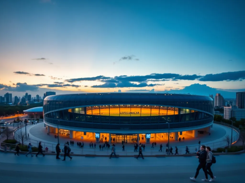 Nowoczesny, oświetlony Stadion Narodowy o zmierzchu, z grupkami ludzi zmierzających na nadchodzące wydarzenia