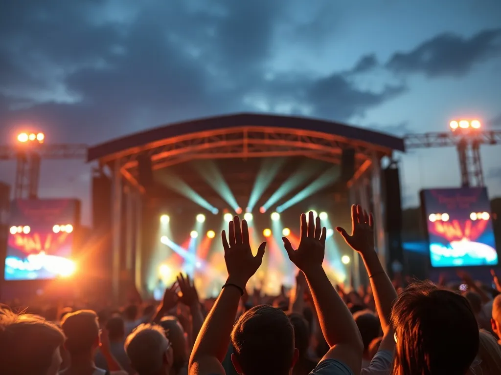 Tłum fanów na letnim festiwalu muzycznym o zmierzchu, podniesione ręce, kolorowe światła sceny i radosna atmosfera koncertu