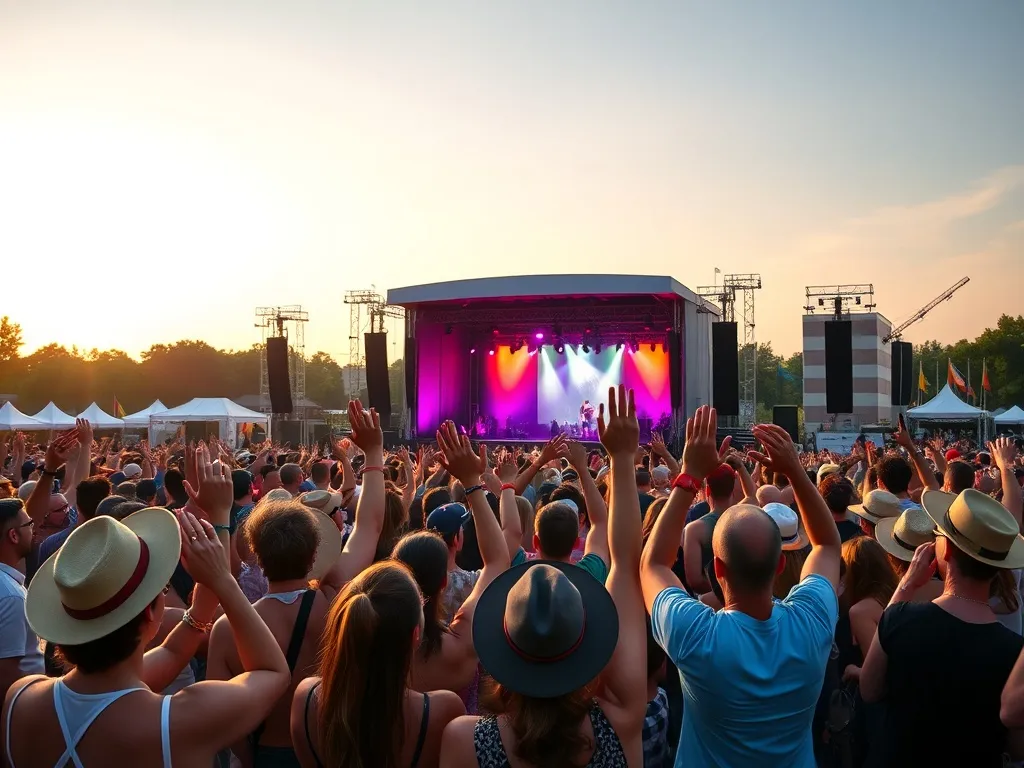 Tłum roztańczonych ludzi pod sceną na plenerowym festiwalu muzycznym o zachodzie słońca, kolorowe światła i wakacyjna atmosfera