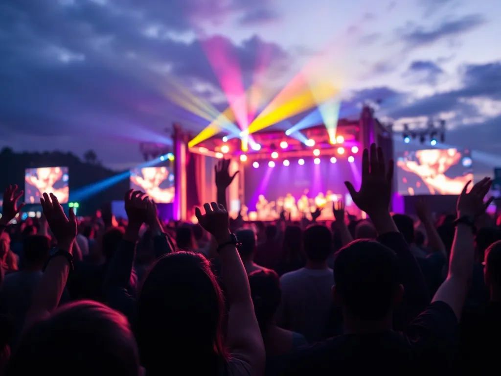 Tłum fanów z uniesionymi rękami na nocnym festiwalu muzycznym, kolorowe światła sceny i energetyczna atmosfera koncertu