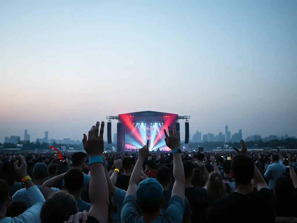 Tłum muzycznych fanów na plenerowym festiwalu o zmierzchu, kolorowe światła sceny zapowiadają największe koncerty 2026.