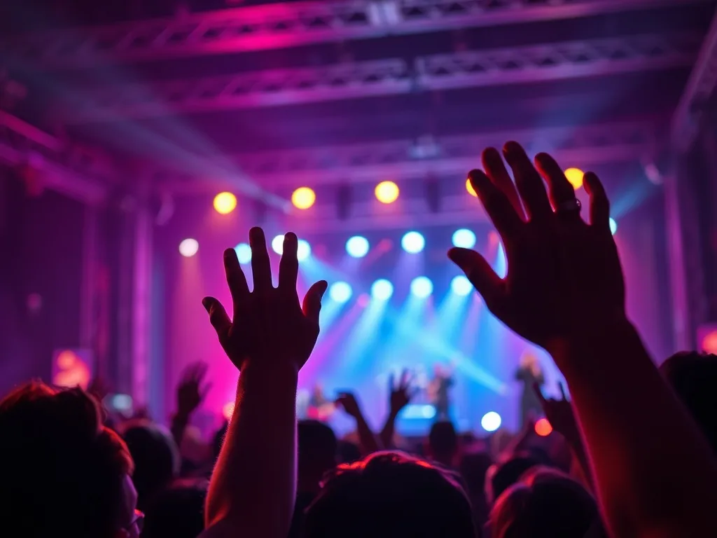 Tłum pod sceną na nocnym koncercie rockowym System Of A Down, uniesione ręce, kolorowe światła i energetyczna atmosfera
