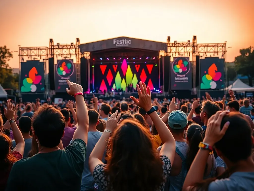 Tłum fanów z uniesionymi rękami na plenerowym festiwalu muzycznym o zachodzie słońca, kolorowe światła sceny w tle.
