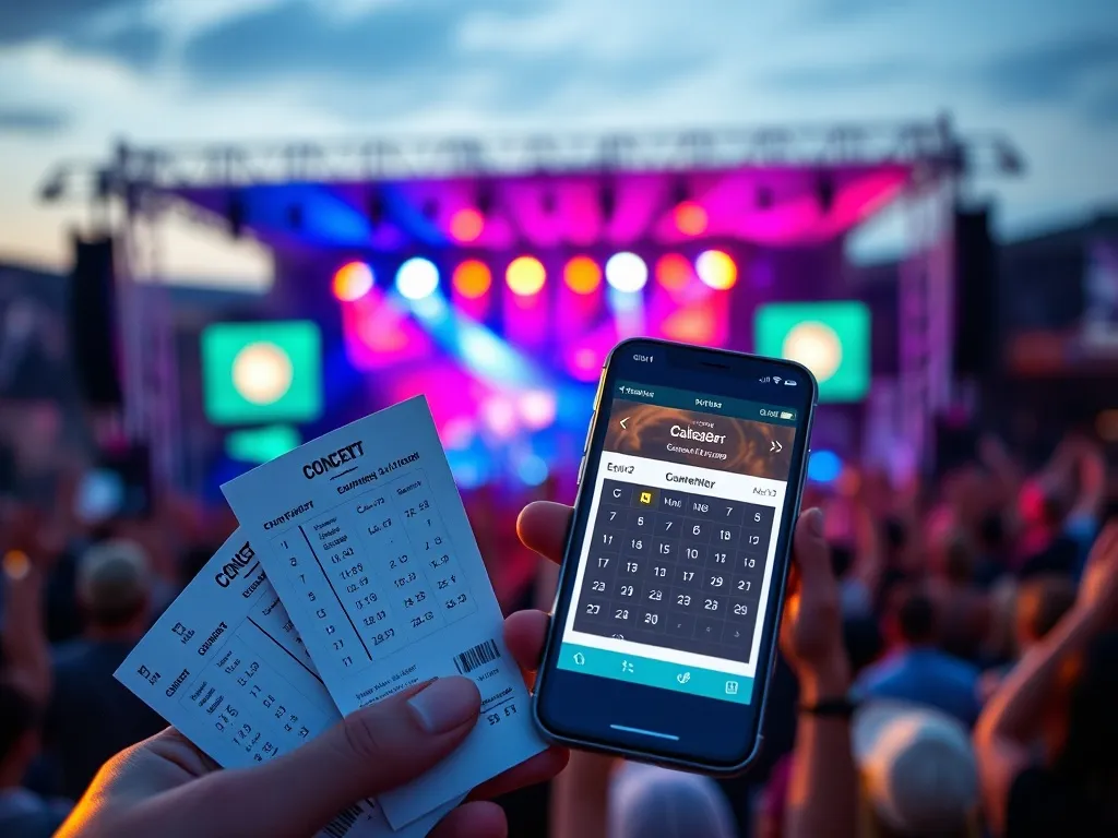 Osoba trzyma bilety na koncert i smartfon z kalendarzem wydarzeń na tle rozświetlonej sceny i tłumu na festiwalu.