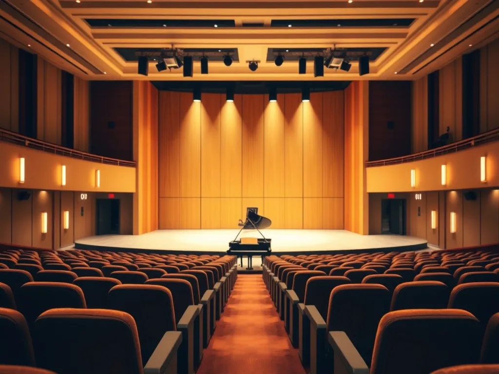Elegancka sala koncertowa z oświetloną sceną i fortepianem, gotowa na wieczorny koncert muzyki klasycznej