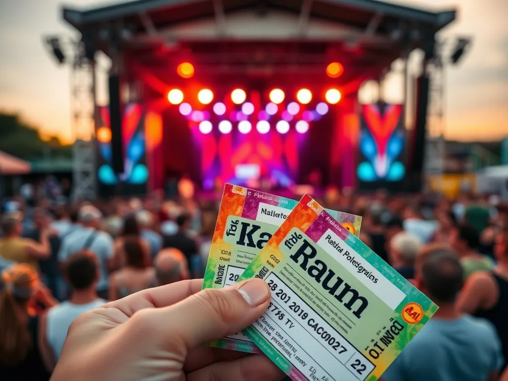 Dłoń trzymająca dwa kolorowe bilety na koncert na tle festiwalowego tłumu i sceny, zapowiedź muzycznych wydarzeń 2026.
