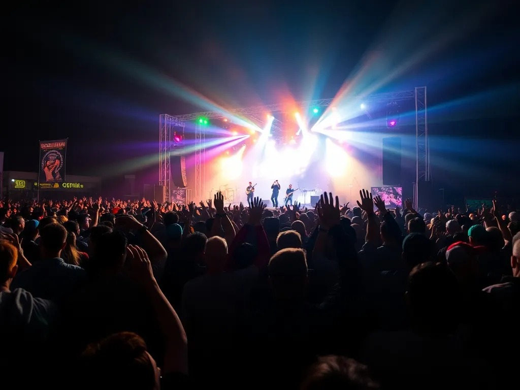 Tłum fanów na nocnym plenerowym koncercie rockowym w Polsce, kolorowe światła sceny podkreślają festiwalową atmosferę.