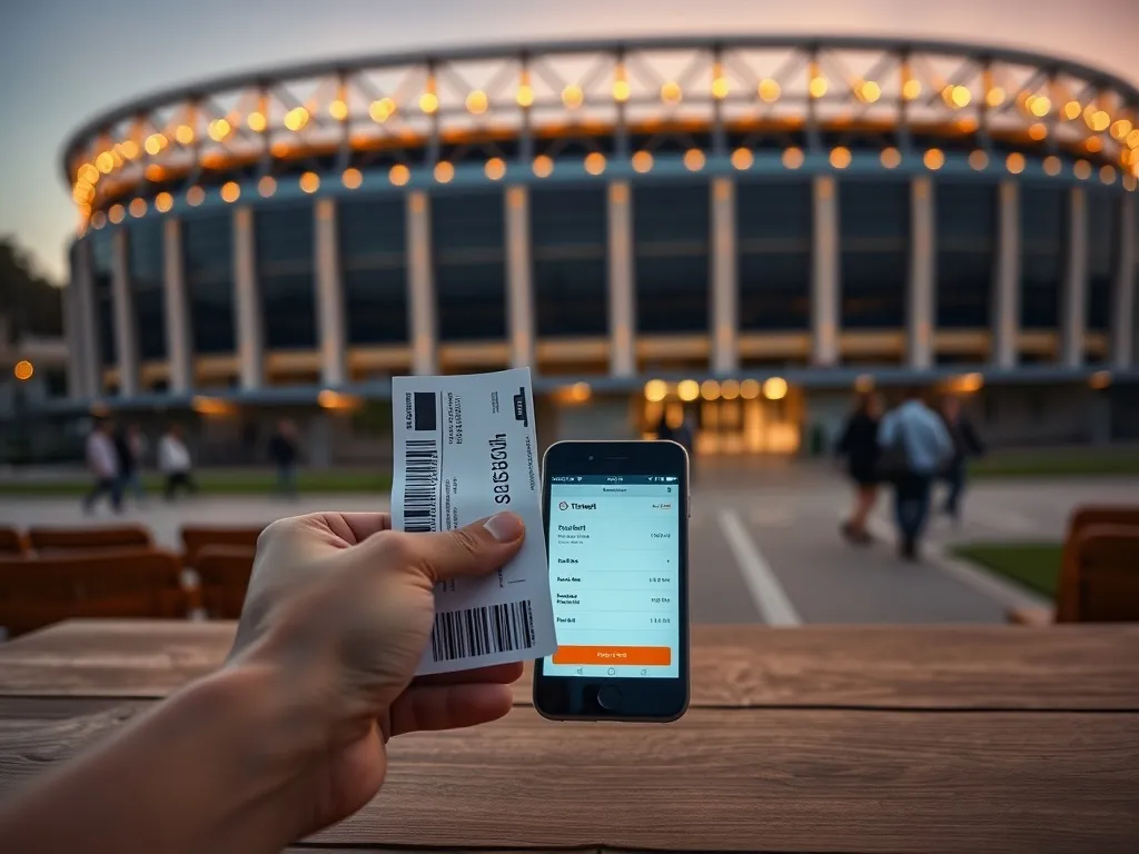 Ręka z biletami i telefonem z ekranem zakupu na tle wieczornego, oświetlonego stadionu PGE Narodowego