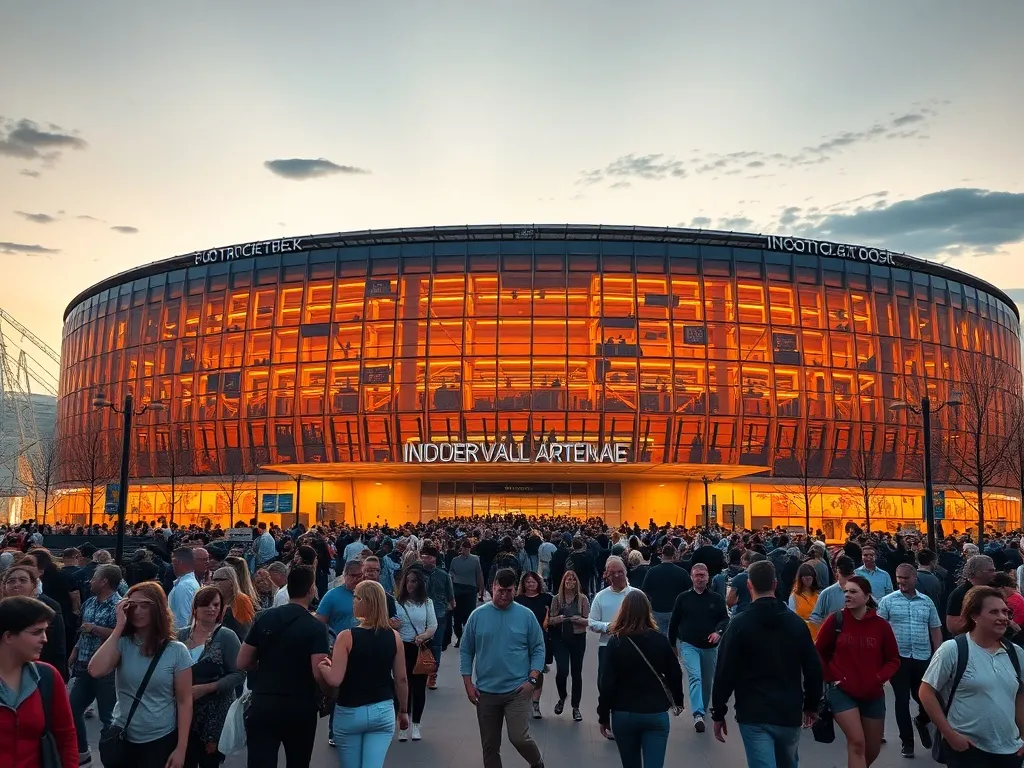 TAURON Arena Kraków o zmierzchu, rozświetlona przed koncertem; tłum ludzi wchodzi, robi zdjęcia i czeka na wydarzenie.